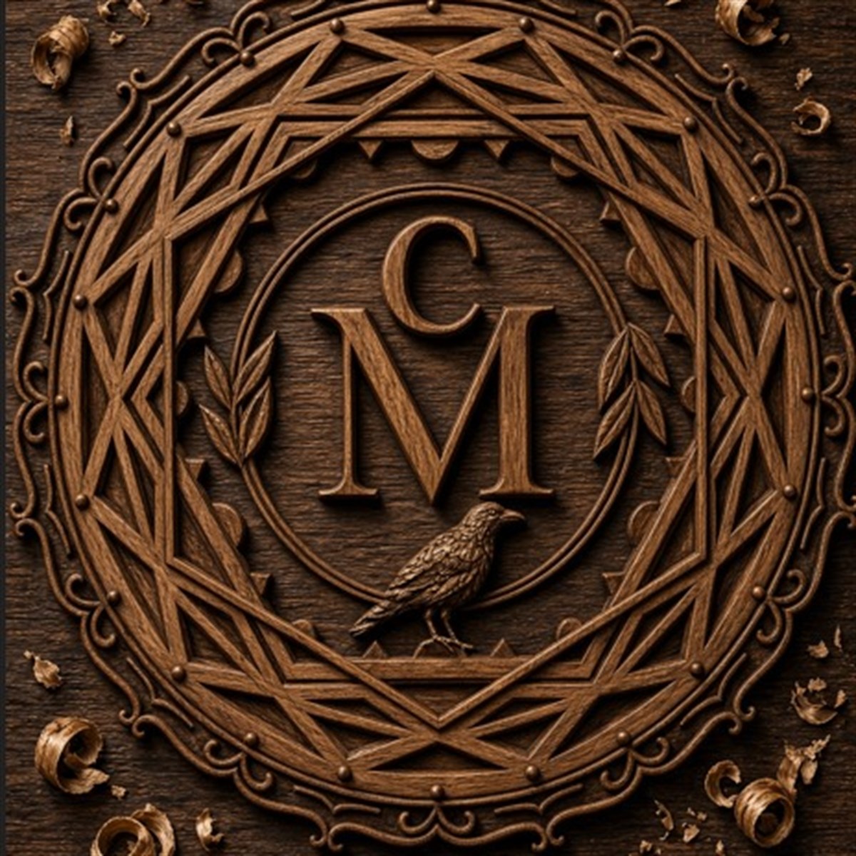 Steyn family crest, the carved CM mark that travels with the work