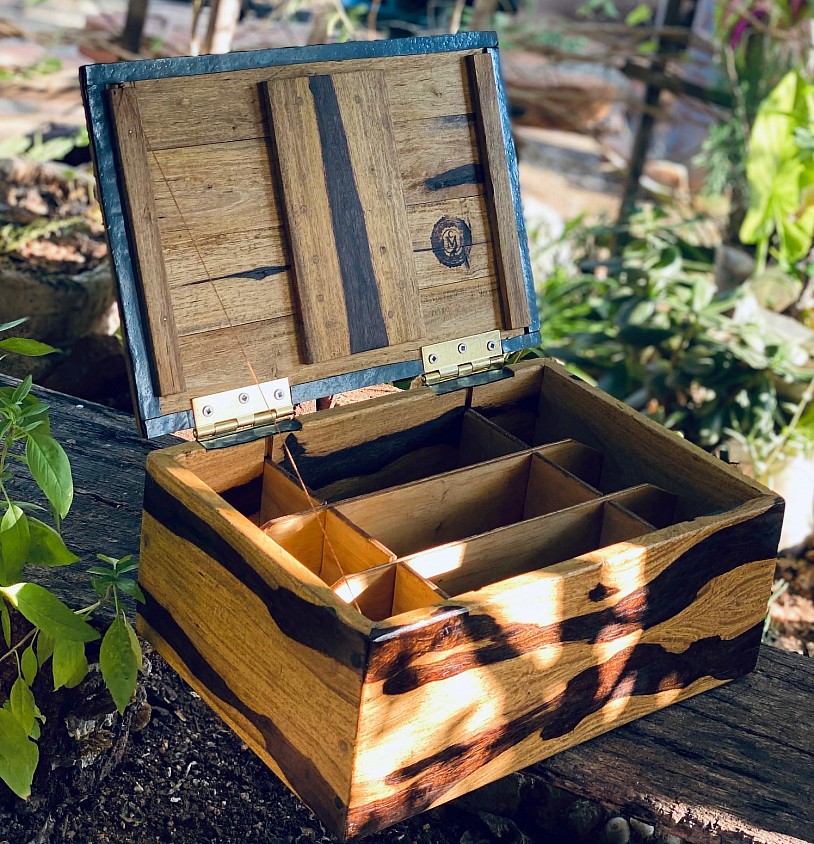 Open rooibos wood condiments box with compartments and a CM burn mark